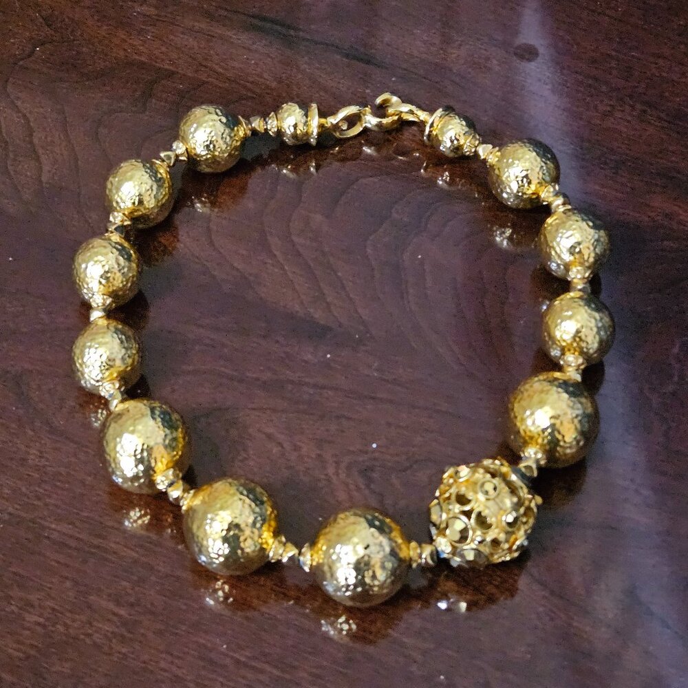 RARE VINTAGE STATEMENT JOSE MARIA BARRERA HAMMERED GOLD CRYSTAL NECKLACE STRAND